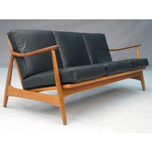 Vintage Danish Modern Teak Sofa with Black Leather Upholstery